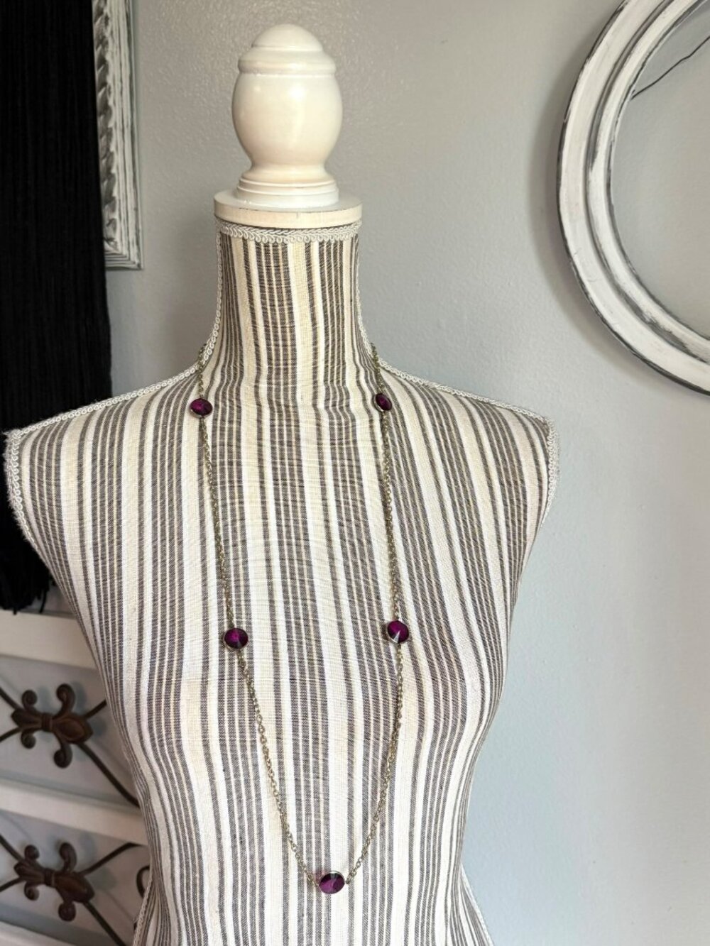 Long Gold Tone Necklace with Purple Rhinestones - Picture 2 of 4